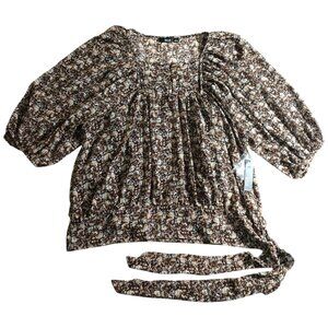 NWT A.n.a Women's Brown Floral 3/4 Sleeve Tie Blouse With Tank Top XL X-Large
